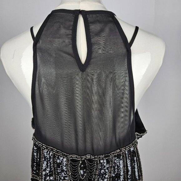 Parker Zane Fully Beaded Black Gold Sequin Silk Halter Tank Top Large - Picture 5 of 14